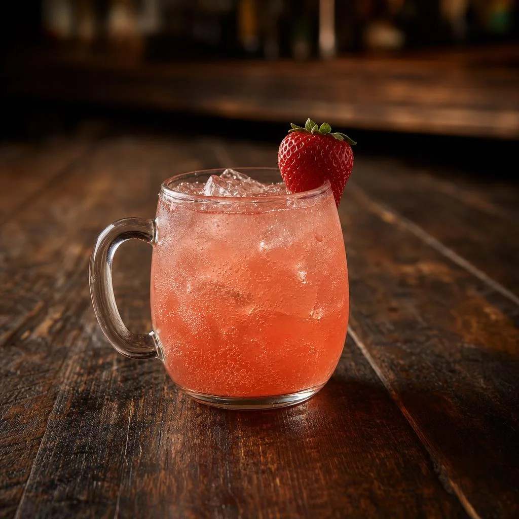 Pink gin Strawberry Mule in a clear mule glass with a strawberry on a dark wood table