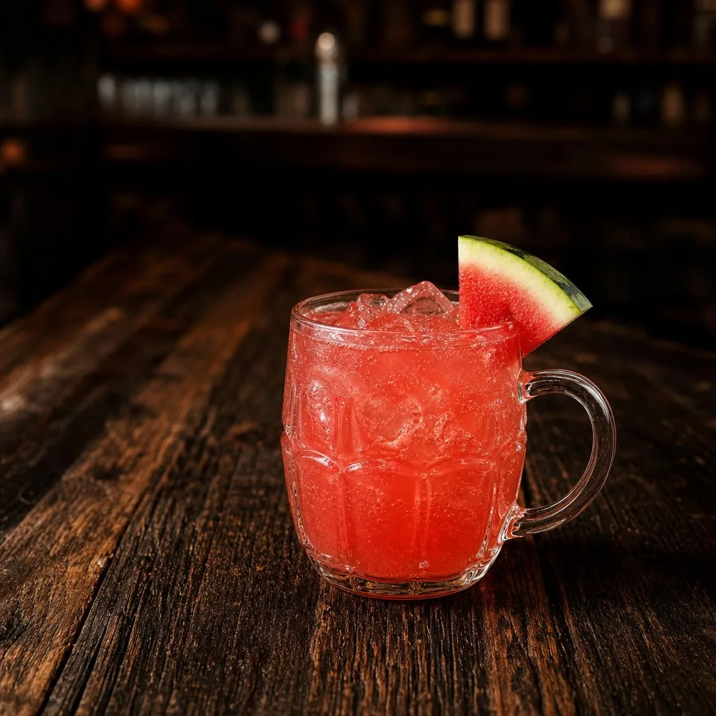 Red tequila Watermelon Mule over ice with a watermelon wedge on a dark wood table
