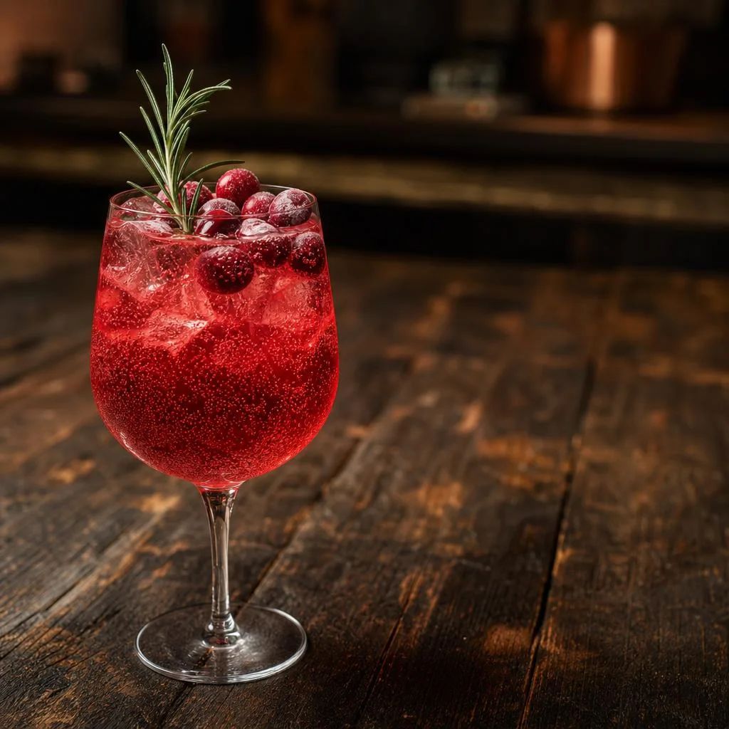 Ruby Cranberry Spritz with frozen cranberries and rosemary in a wine glass on dark wood
