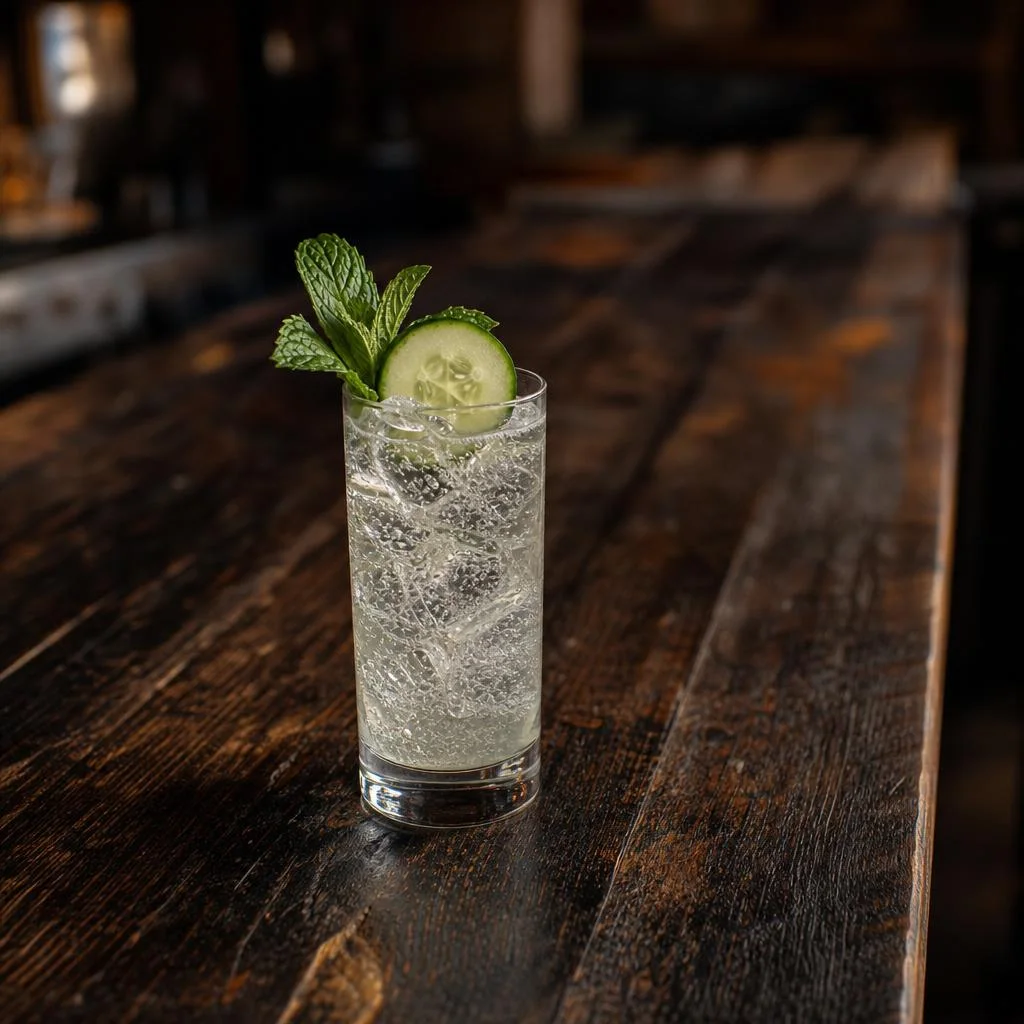 Cucumber Ranch Water highball with ice, cucumber, and mint on a dark wood table
