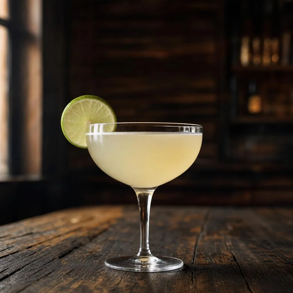 Pale Daiquiri strained into a coupe without ice and garnished with a lime wheel on dark wood
