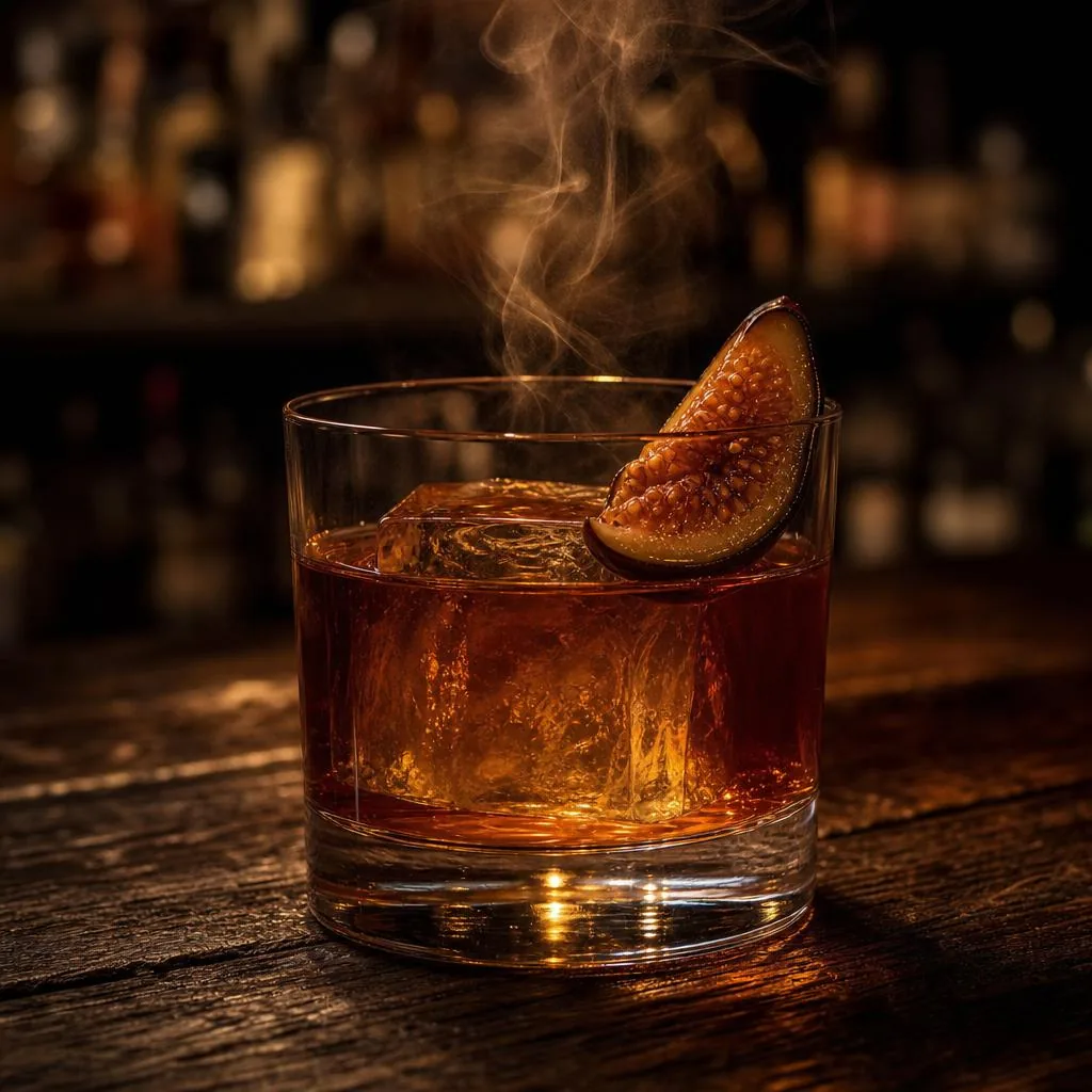 Whiskey-inspired fig cocktail over ice on a dark wood bar