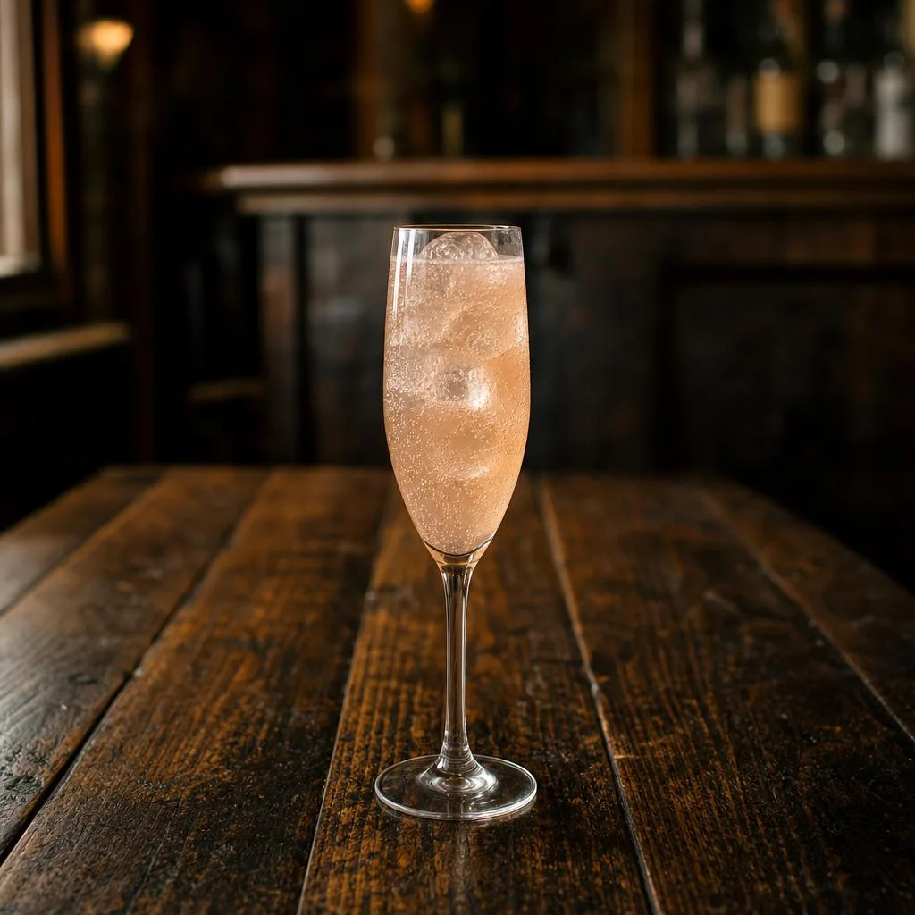 Pale sparkling French 75 in a slender flute over ice on a dark wood table