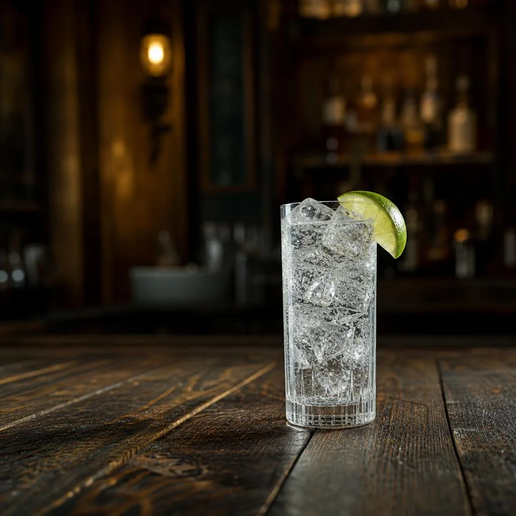 Clear Gin and Tonic in an iced highball with a lime wedge on a dark wood table