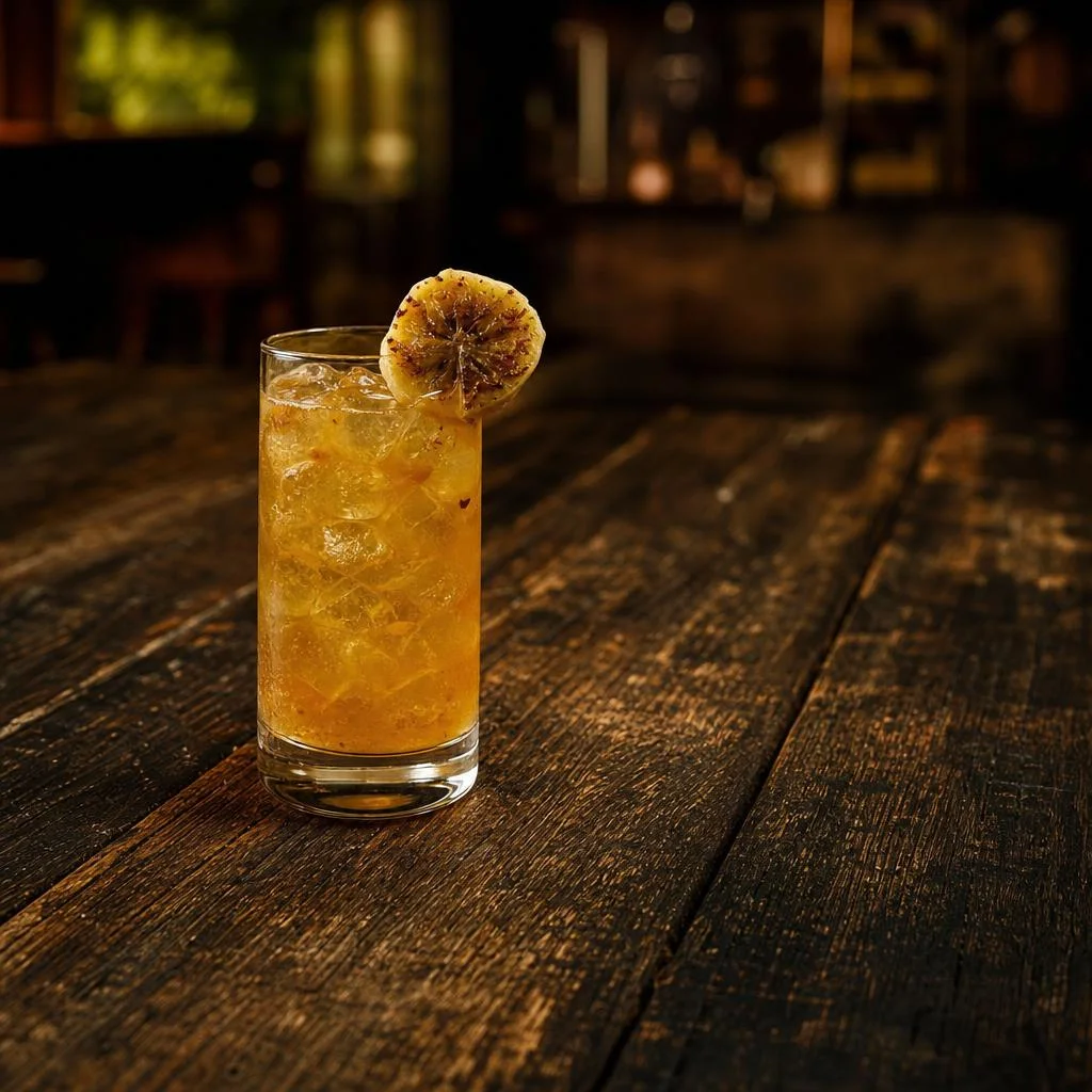 Golden Grilled Banana Rum Flip in a tall glass with a nutmeg-dusted banana slice on dark wood