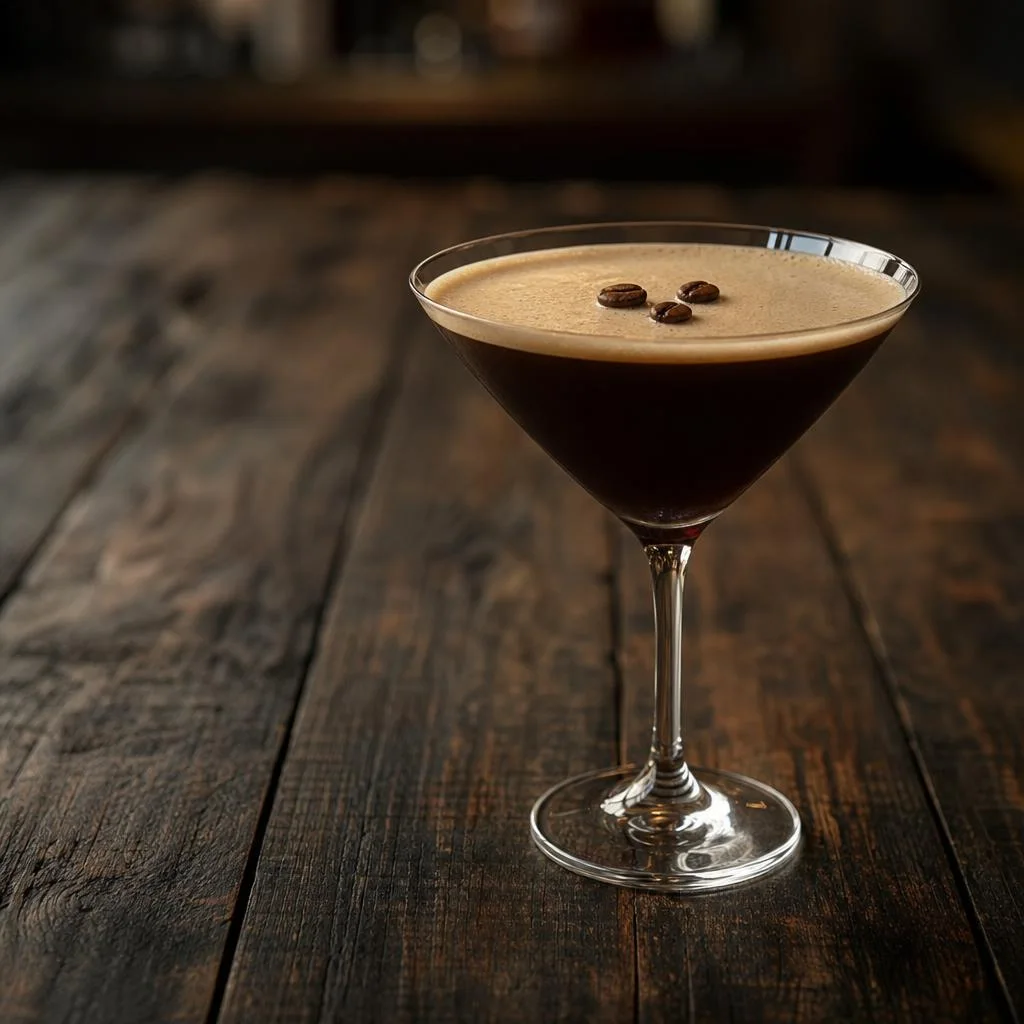 Dark IMPOSTER Espresso Martini in a stemmed glass topped with three coffee beans on dark wood