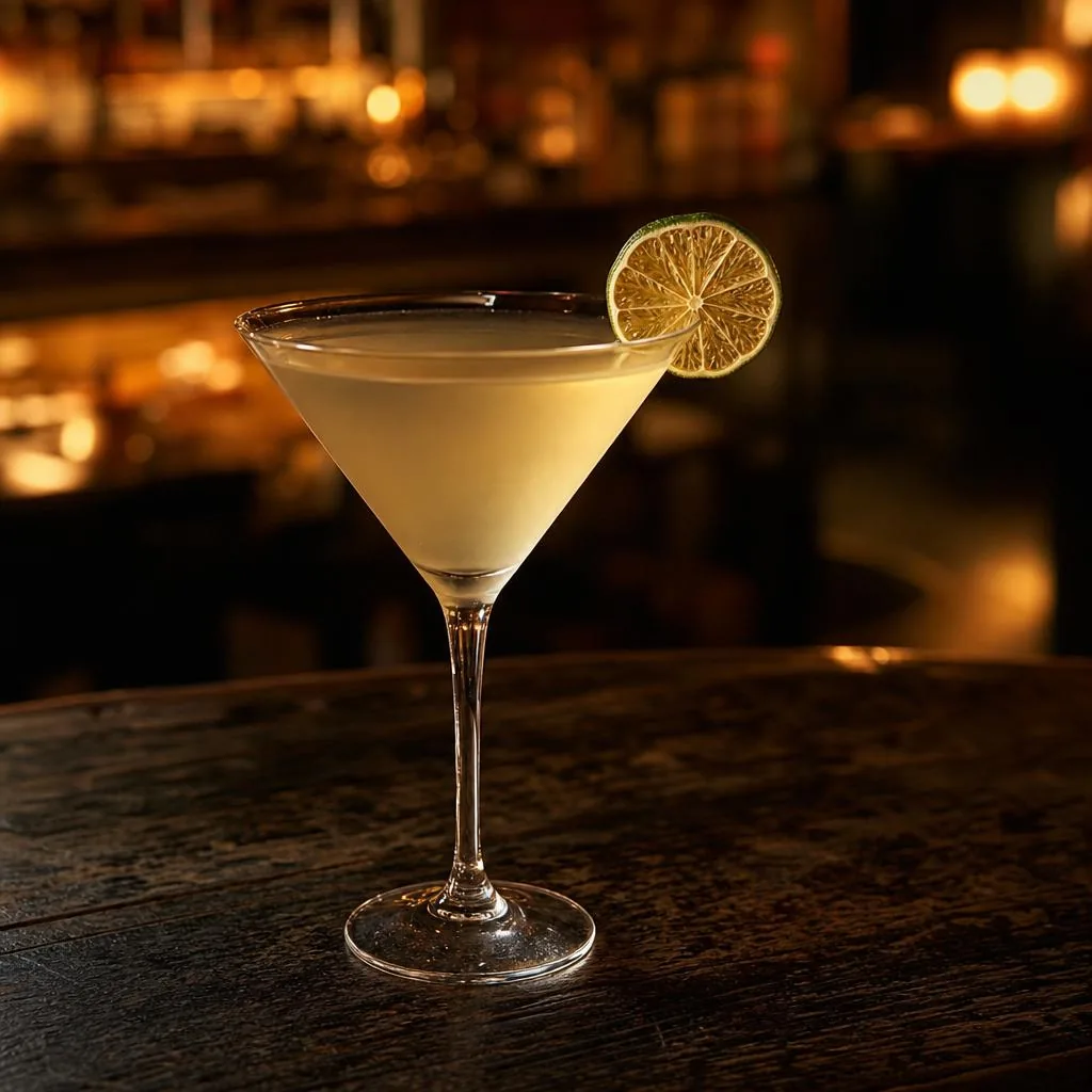 Pale golden Juicy Pear Martini in a stemmed glass with a dried lime wheel on dark wood