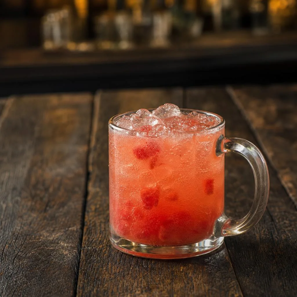 Muddled watermelon and tequila Mule over ice in a clear glass on a dark wood table