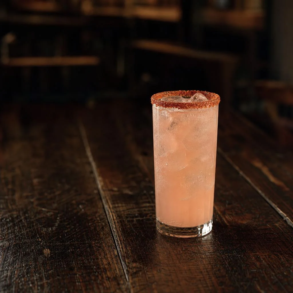 Pale pink Paloma in a Tajín-rimmed highball with ice on a dark wood table
