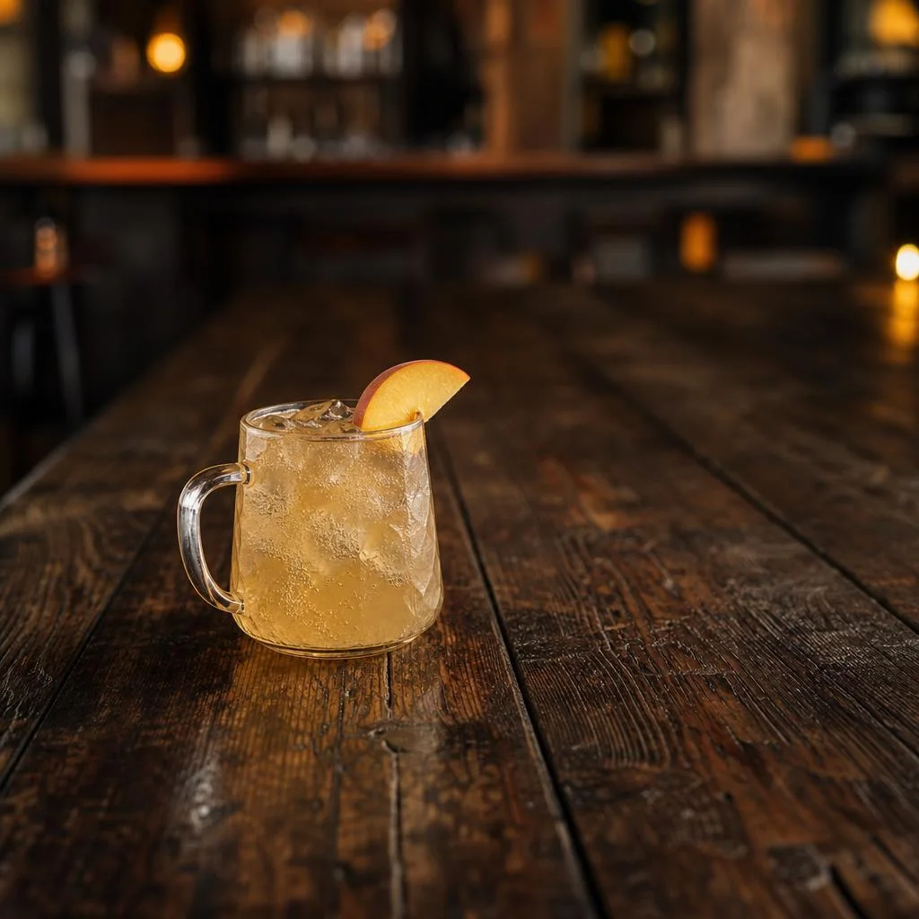 Pale golden Peachin Mule in a clear glass mug with a peach slice on a dark wood table