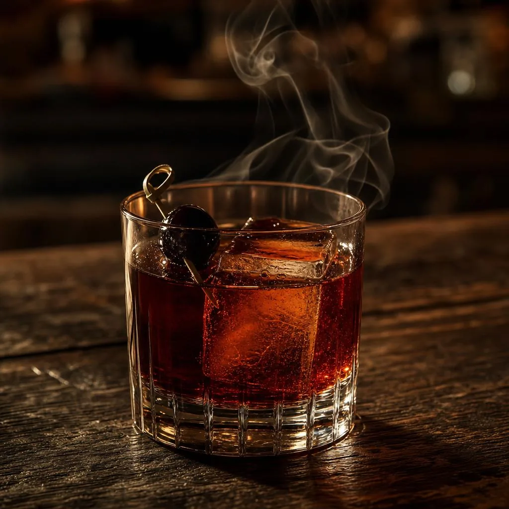 Zero-proof cocktail serving inspiration: smoked black cherry old fashioned