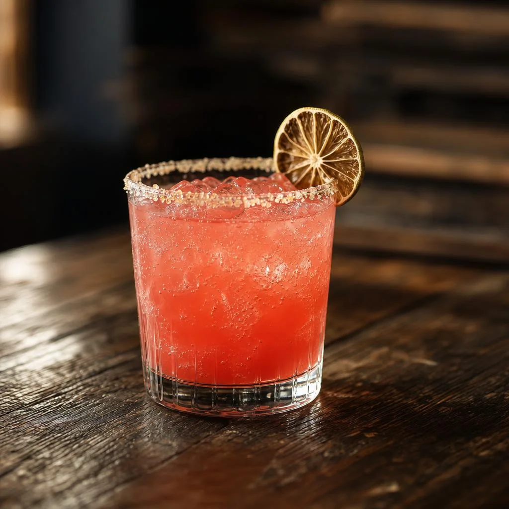Coral-pink Sparkling Strawberry Yuzu Margarita over ice with a yuzu-salt rim and dehydrated lime wheel on dark wood
