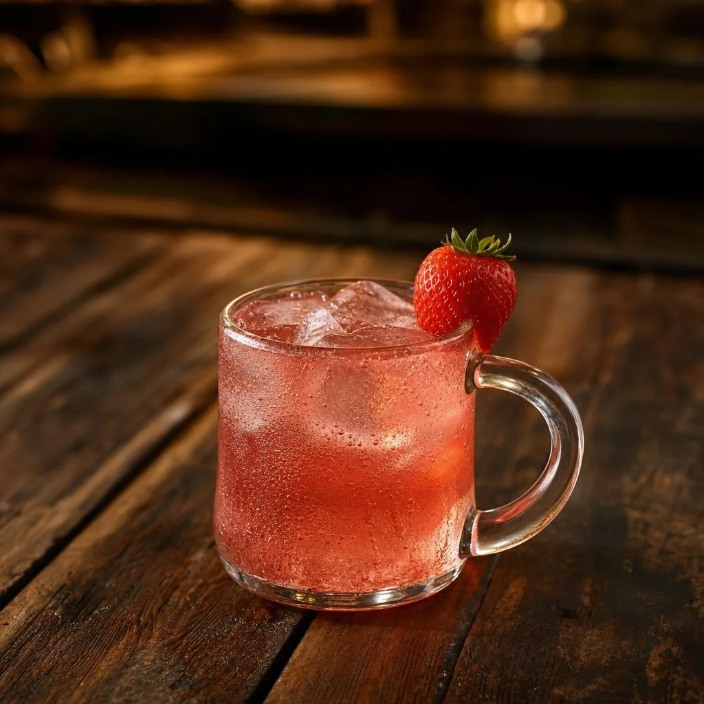 Rose-pink Strawberry Rose Mule in a clear glass mug with a strawberry on dark wood