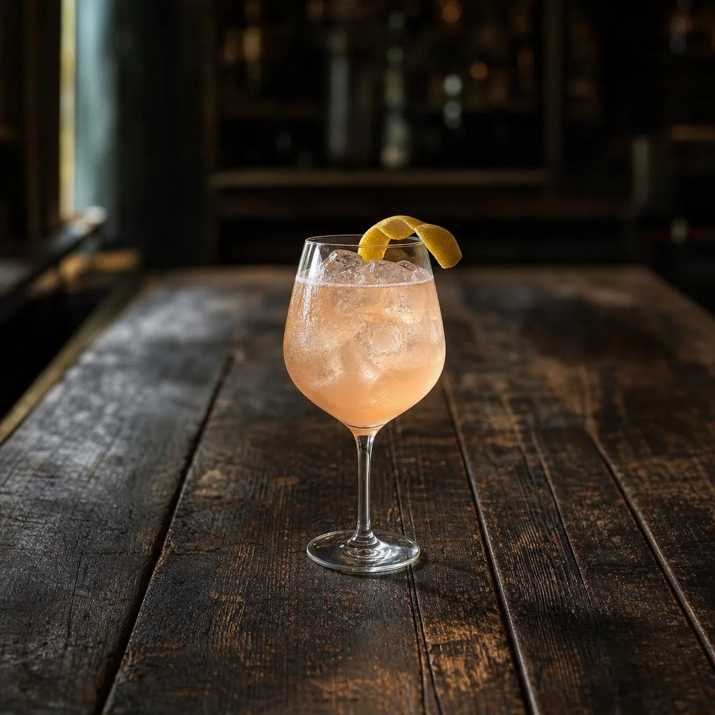 Blush Sunset Spritz in a wine glass with a lemon twist on a dark wood table