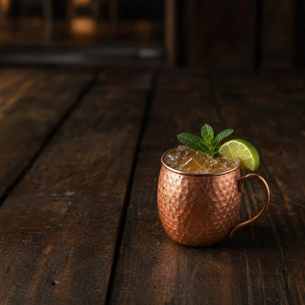 Tennessee Peaches Mule in a copper mug with mint and a lime wedge on a dark wood table