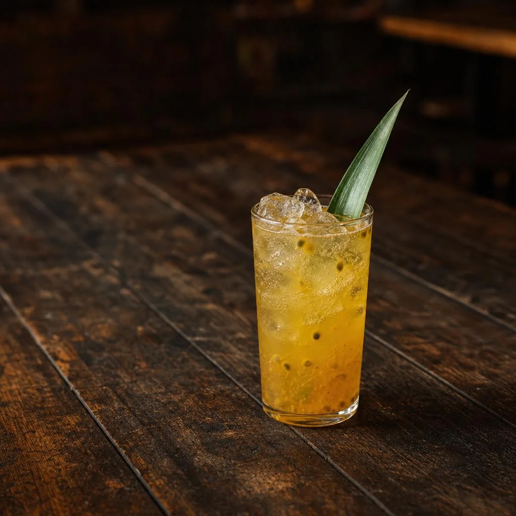 Golden Tropical Breeze Mule in a highball with a pineapple frond on a dark wood table