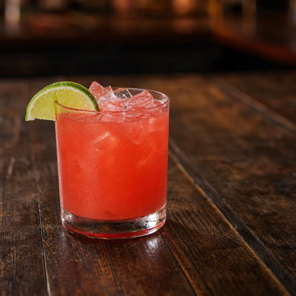 Red Watermelon Rita in a rocks glass with ice and a lime wedge on a dark wood table
